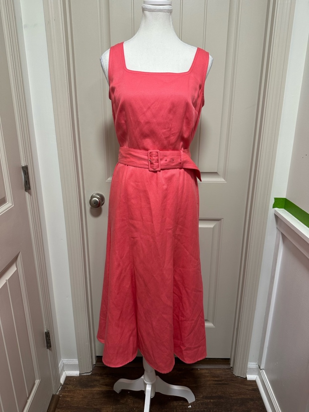 Ann Taylor Coral Belted Square-Neck Midi Dress